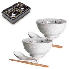 Pale Floral Bowl Set with Spoons & Chopsticks — 6 Pieces