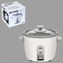 Zojirushi NHS-06WB white rice cooker shown with its matching carton, glass lid and front cooking switch.