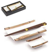 6¾″ × 4½″ White & Brown Porcelain Plate & Dish Set with Chopsticks