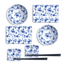 Melamine 8-Piece Sushi Plate, Bowl & Dish Set with Chopsticks, White, Blue