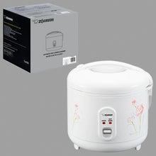 Zojirushi NS-RPC10-FJ rice cooker with a white tulip-patterned body, white hinged lid, single-switch front panel and its NS-RPC10 carton.