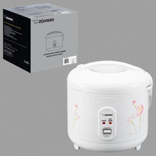 Zojirushi NS-RPC18-FJ rice cooker with a white tulip-patterned body, white hinged lid, single-switch front panel and its NS-RPC18 carton.