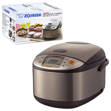 Zojirushi NS-TSC18-XJ Stainless Brown Micom rice cooker with a dark hinged lid, front LCD controls, side carrying handle and its NS-TSC18 carton.