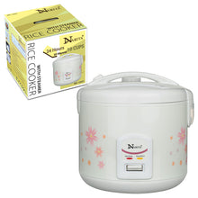 Narita NRC-100F white floral rice cooker and its retail carton.