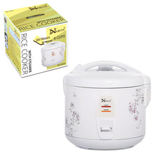 Narita NRC-060F white floral rice cooker and its retail carton.