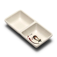 333-E: Melamine Rectangular Twin Sauce Dish 5.75"x2.75", Eggplant. Angled whole-product view