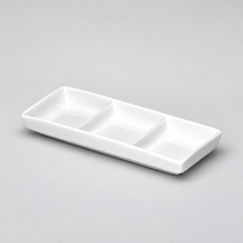 3-Compartment Sauce Plate 6"x2-1/2", White Ceramic. Angled product view.