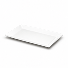 13"x8-1/2" Rectangular Platter, White Ceramic. Angled product view.