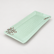 Melamine Rectangular Plate 10-3/8" x 4-1/2" x 3/4"H, Plum Blossom. Angled product view.