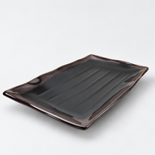 Melamine Rectangular Plate 11-3/8"x7-1/4", Black/Brown. Angled product view.