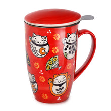 Lucky Cat Ceramic Tea Mug with Lid & Strainer 15 oz (SM13-7039)