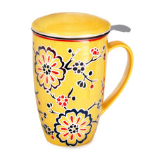 15 oz Yellow Plum Ceramic Tea Mug with Lid & Strainer