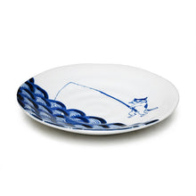 6½″ Blue & White Fishing-Cat Ceramic Round Plate