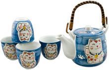 Blue Lucky Cat Tea Set — 22 oz Pot and 4 Cups
