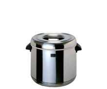 Zojirushi RDS-600 6-liter thermal rice holder with a tall stainless steel body, removable lid and black side handles.