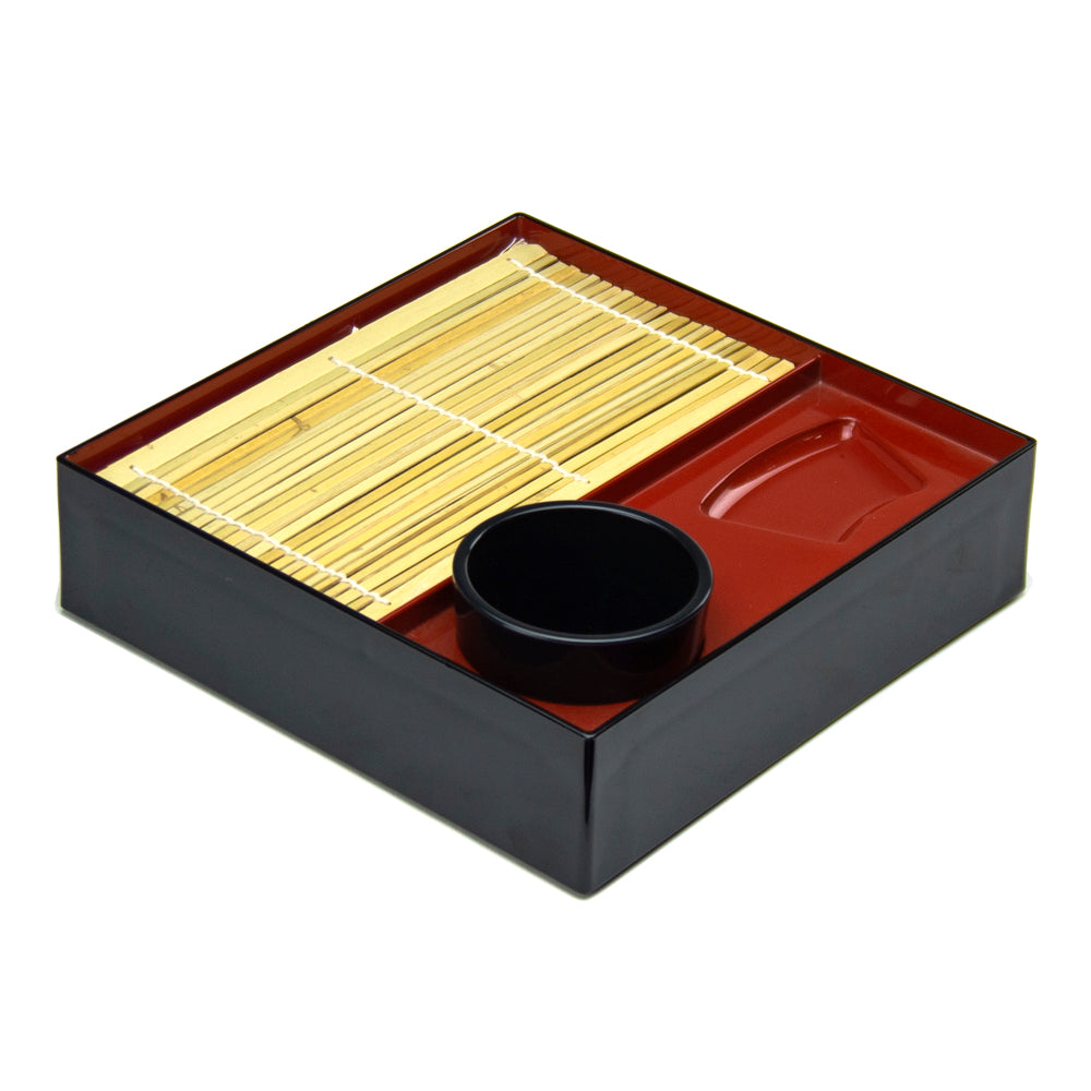 Soba Zaru Set for 1 - Bamboo Mat, Tray, and Bowl, Black/Red