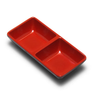 Melamine Rectangular Twin Sauce Dish 5.75"x2.75", Black/Red