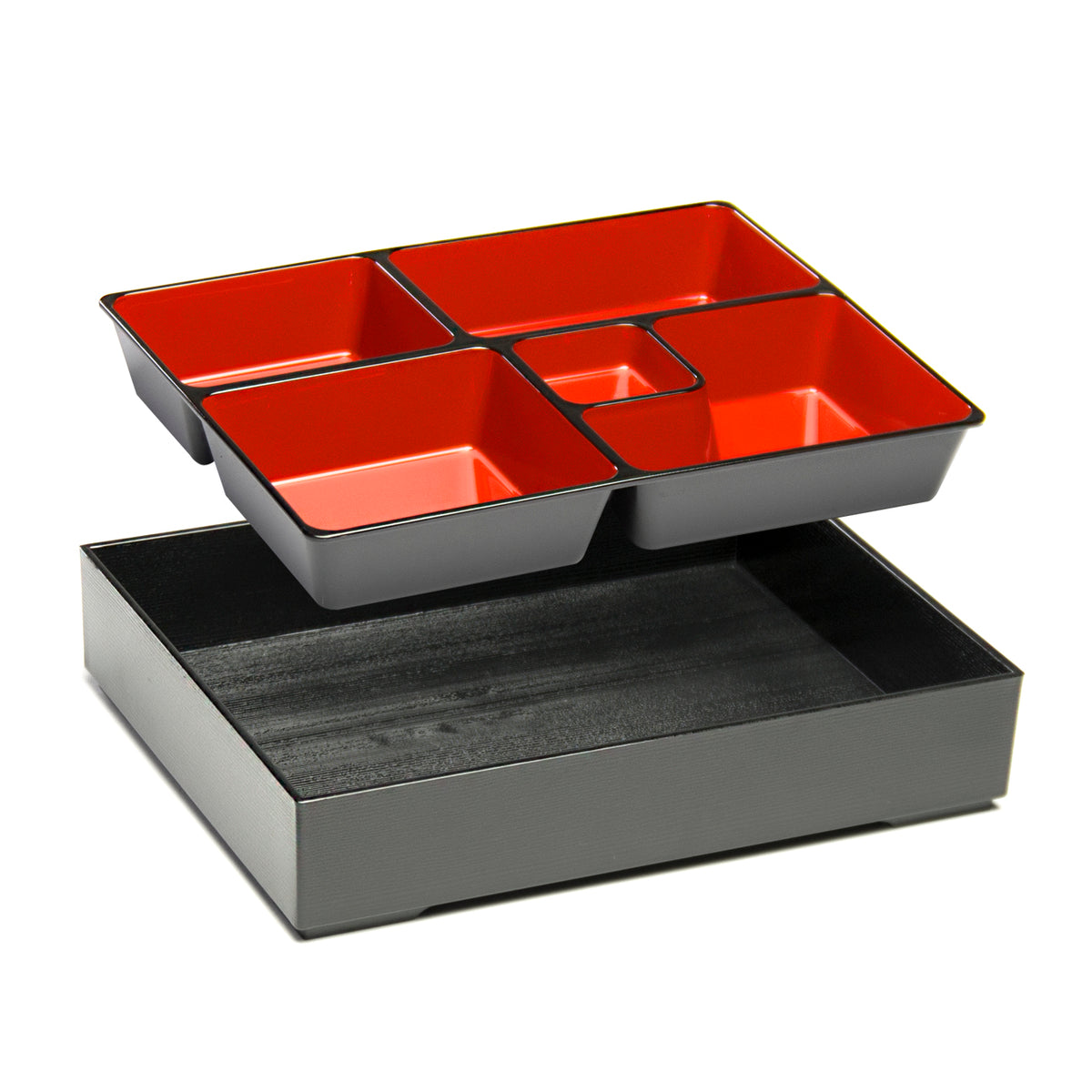 Restaurantware Bento Tek 41 oz Wood Grain & Black Buddha Box All-in-One Lunch Box - with Utensils, Sauce Cup - 7 1/4 x 4 1/4 x 4 - 1 Count Box