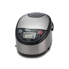 Tiger JAX-T10U black and stainless-steel Micom rice cooker in a front three-quarter view with LCD controls and a hinged lid.