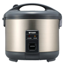 Tiger JNP-S rice cooker in Urban Satin with black lid, carrying handle and front cooking and Keep Warm indicator lights.