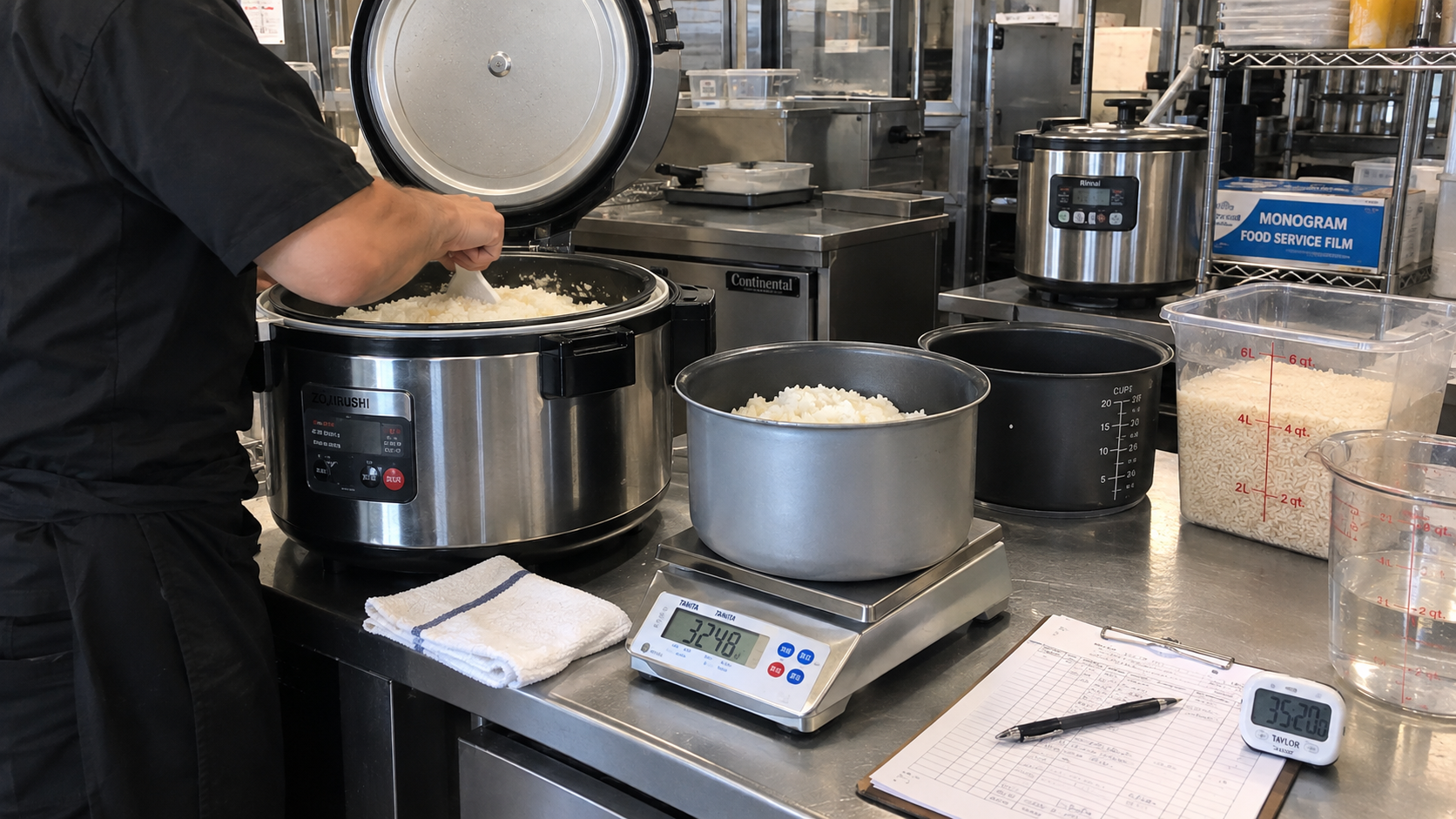 Cooked rice is weighed beside a commercial rice cooker, timer and test record.