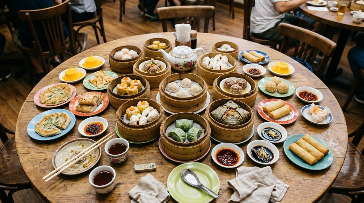 Shared dim sum service with several steamers, small plates, dipping dishes, guest ware and tea occupying a restaurant table.