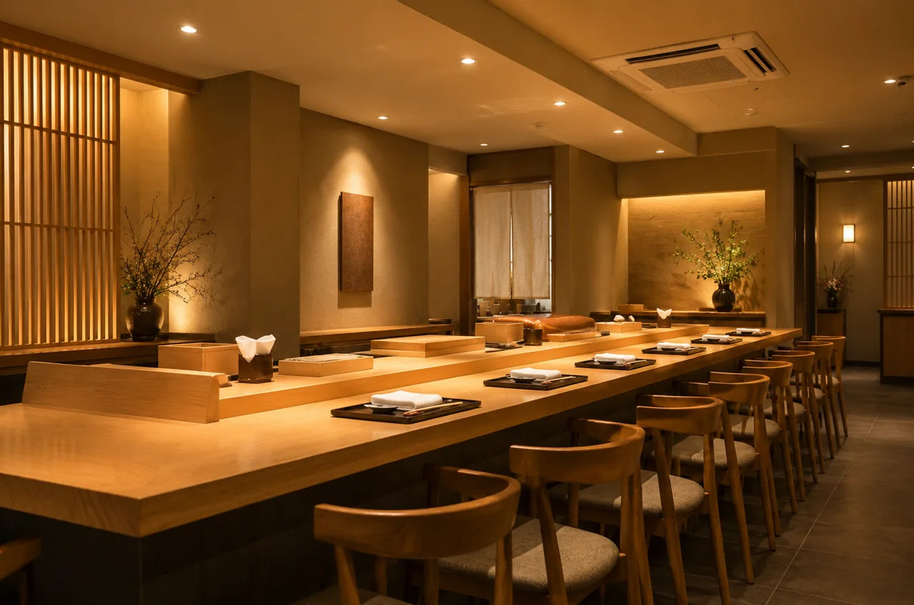 Chef-facing dining counter with backed stools