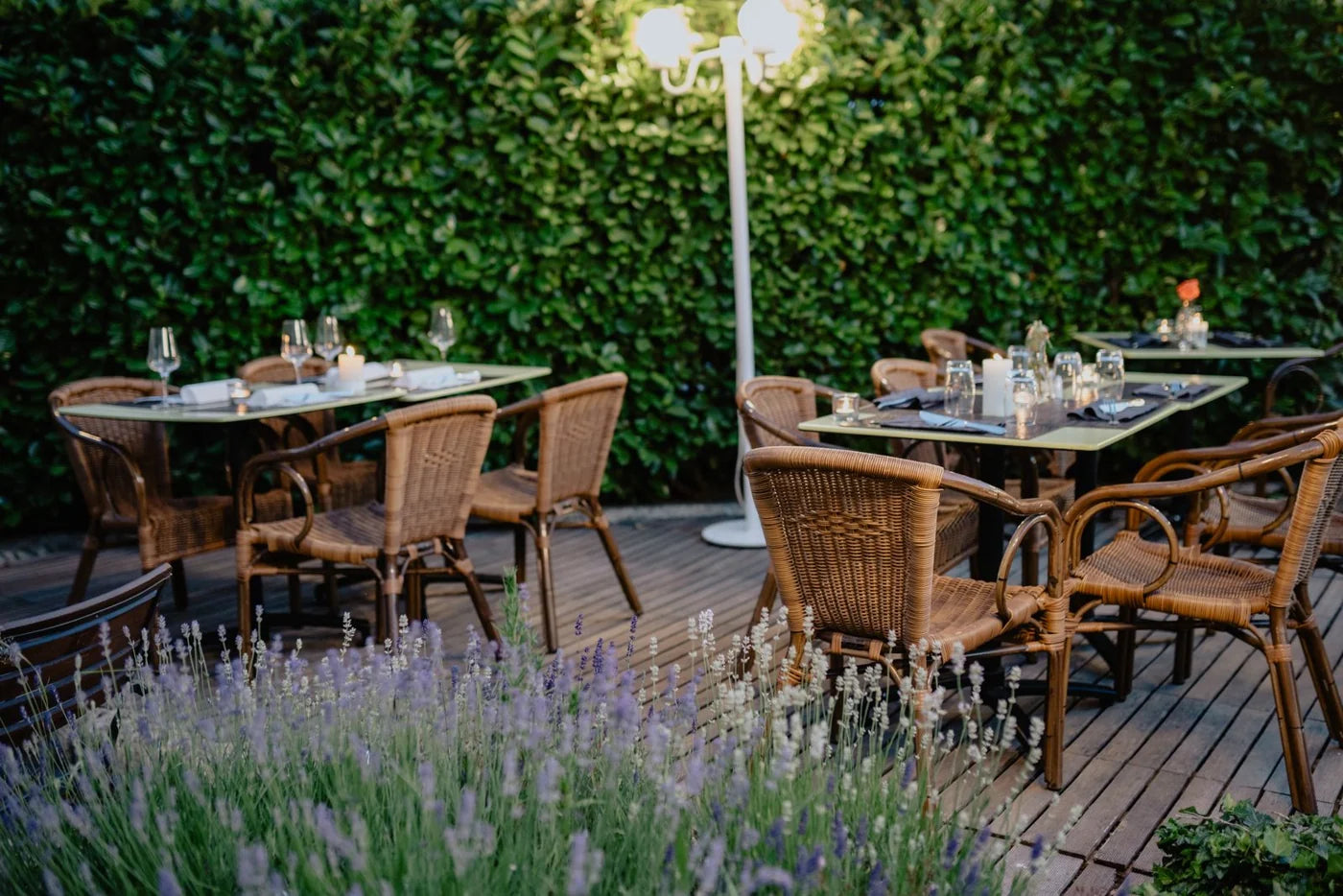 Woven outdoor dining armchairs and set restaurant tables on a planted terrace with wooden decking.