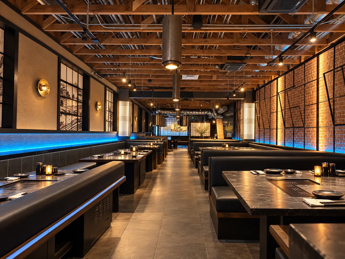 Cooking-integrated tables with upholstered fixed seating