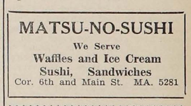 Matsu-no-Sushi advertisement listing waffles, ice cream, sushi and sandwiches in the September 7, 1929 Japanese-American Courier