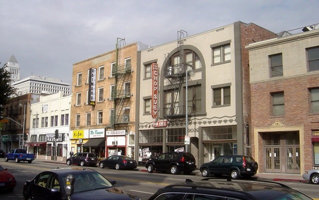 East First Street storefronts in Los Angeles’s Little Tokyo, including the Far East building