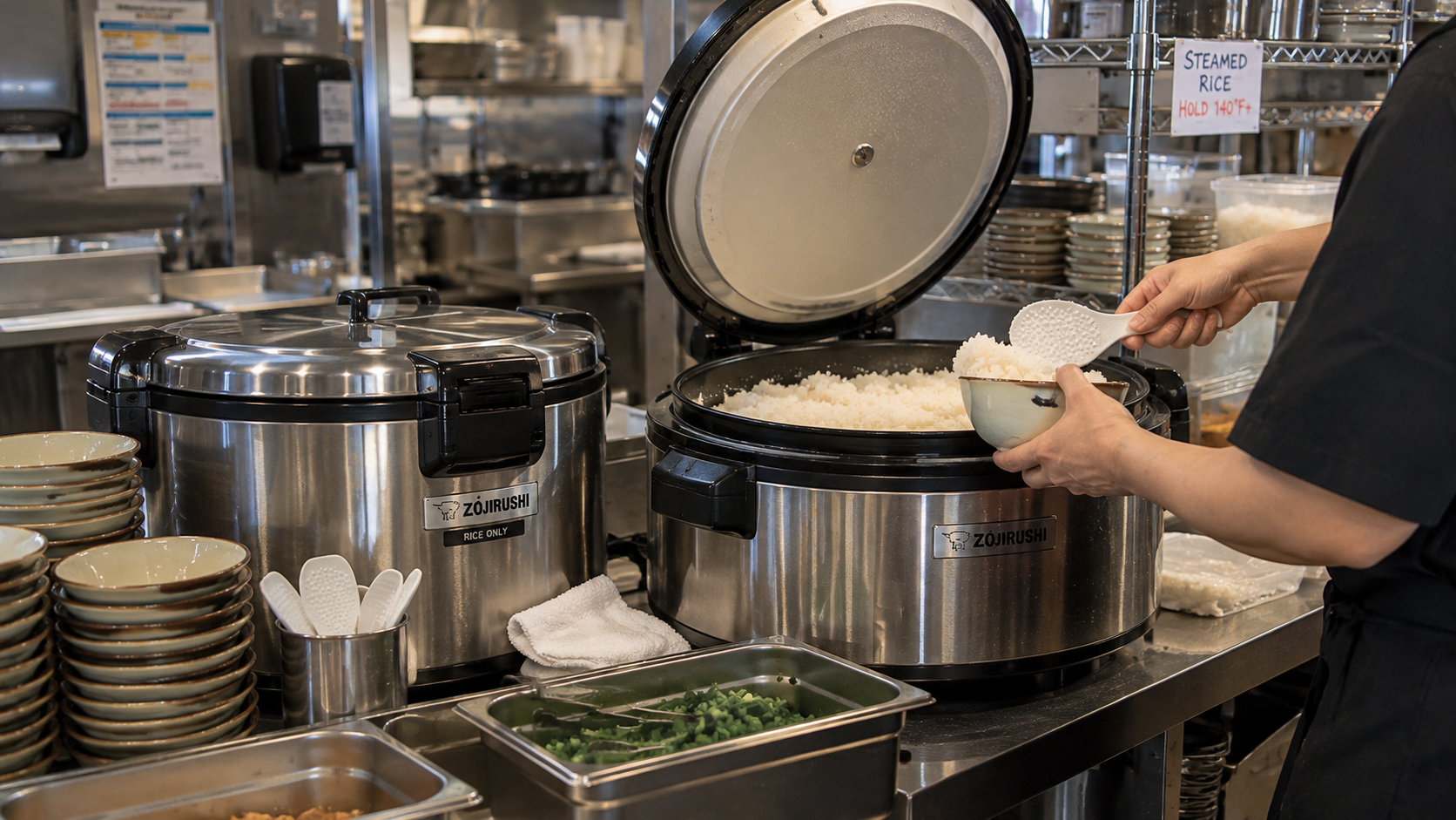 A restaurant worker serves rice from a commercial warmer at a service counter.