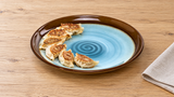 1-685-6 blue and brown round platter with six small gyoza