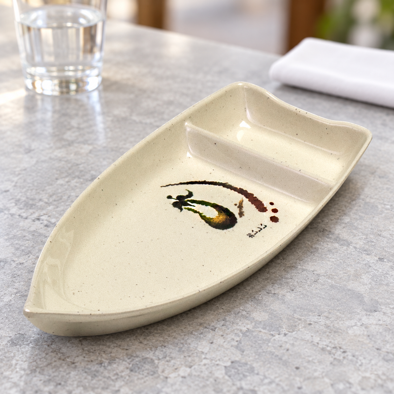 10-E eggplant-pattern sushi boat on a dining table