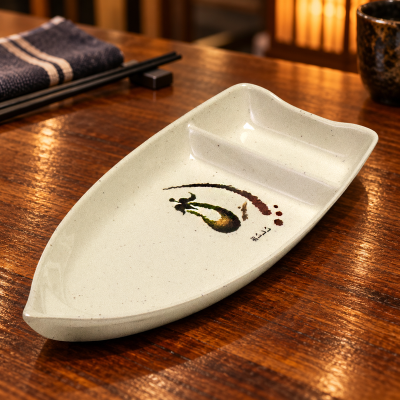 Eggplant-pattern 10-E melamine sushi boat at a sushi-bar setting