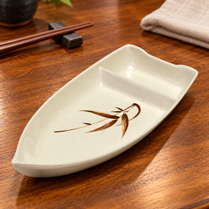 Empty 10-J Autumn Grass sushi boat on a wooden table beside chopsticks