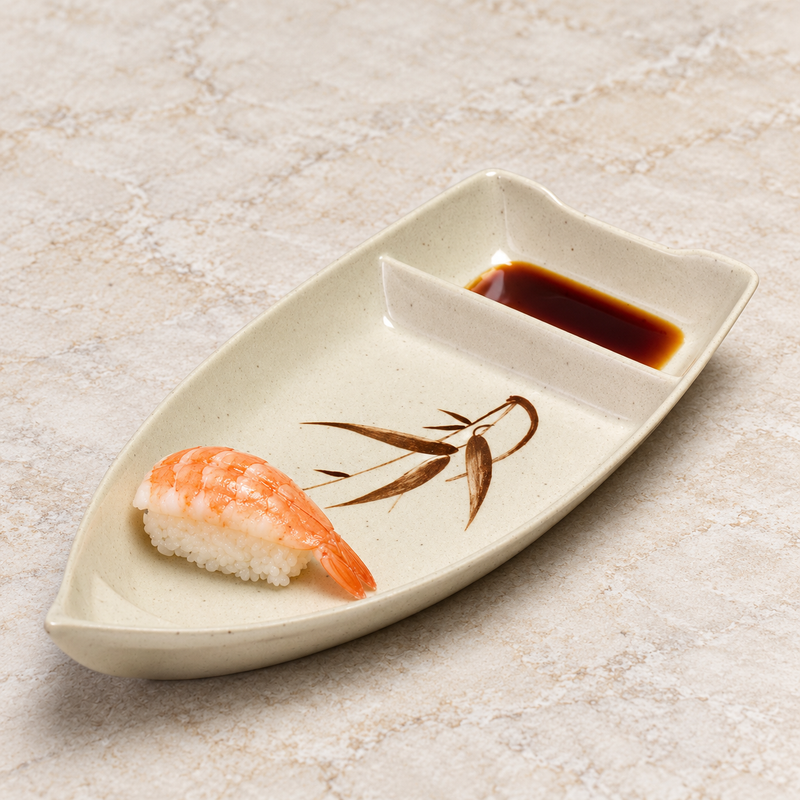 Autumn Grass 10-J sushi boat with nigiri and soy sauce in the divided end