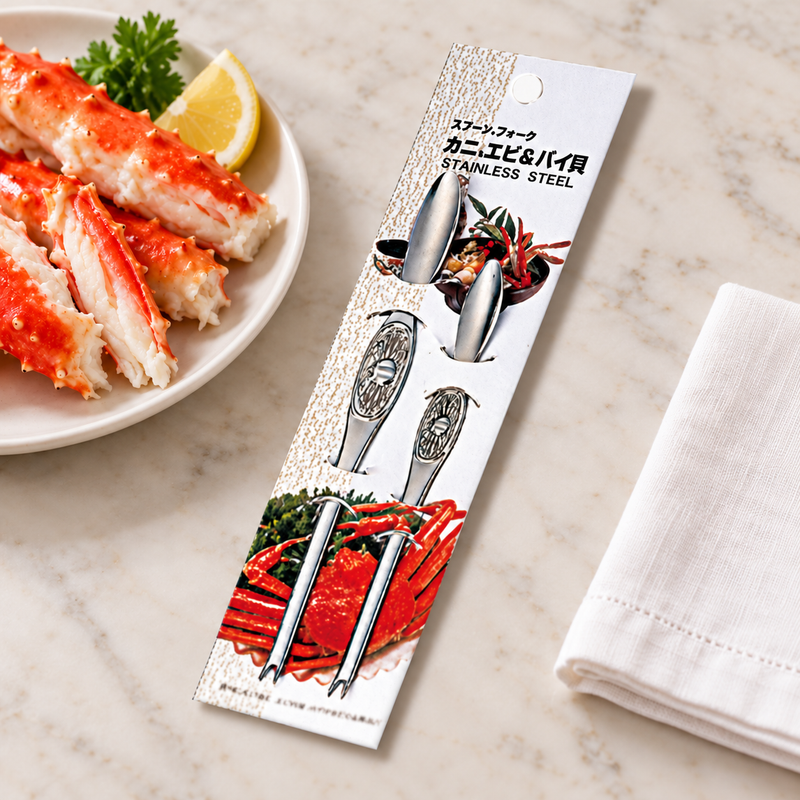 Two packaged 111074 crab picks beside a separate seafood plate