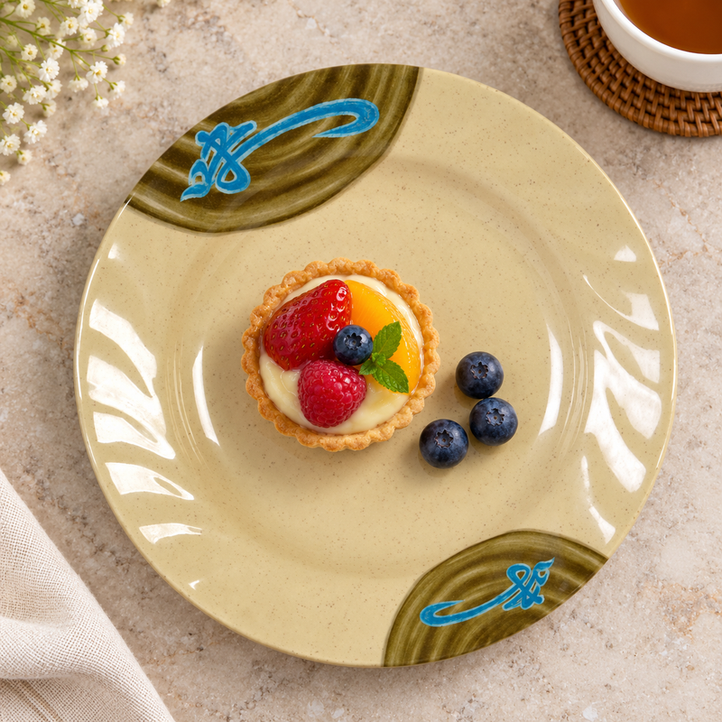 1210-J Wei melamine plate with a fruit tart and blueberries
