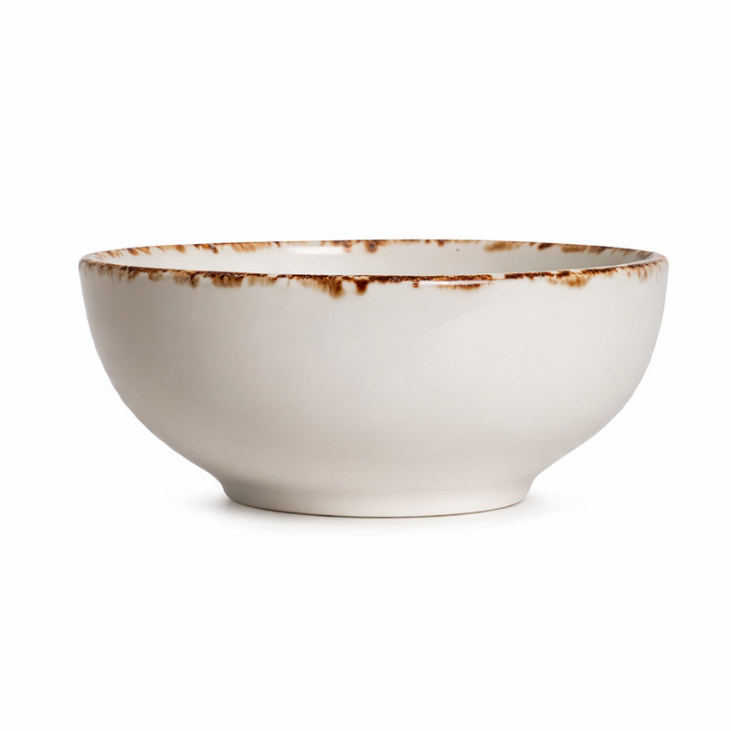 Splash Blanch 5-inch porcelain bowl with a rounded body and brown rim