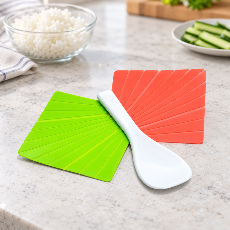 Red and green hand-roll preparation pieces with the white spatula at a prep station
