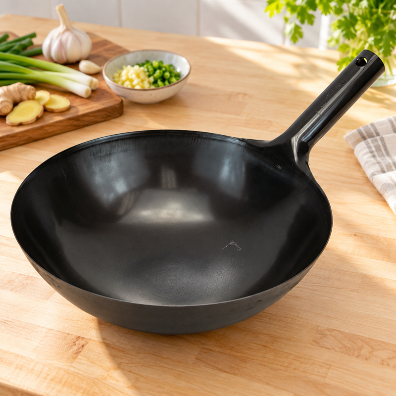 13" Japanese Iron Peking Wok, 33 cm — Curved walls beneath an open rim
