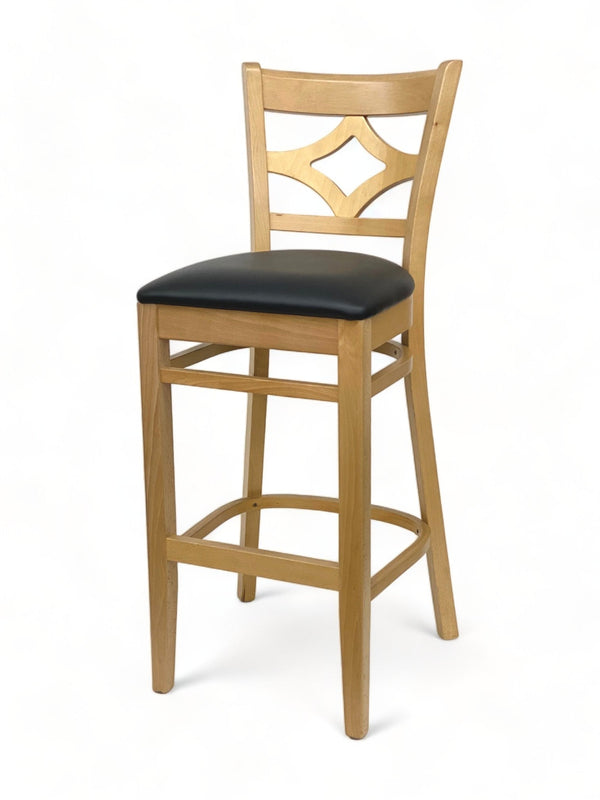 Solid Wood Decorative-Back Restaurant Barstool with Black Padded Seat