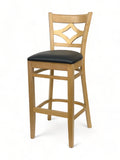 Solid Wood Decorative-Back Restaurant Barstool with Black Padded Seat – Natural