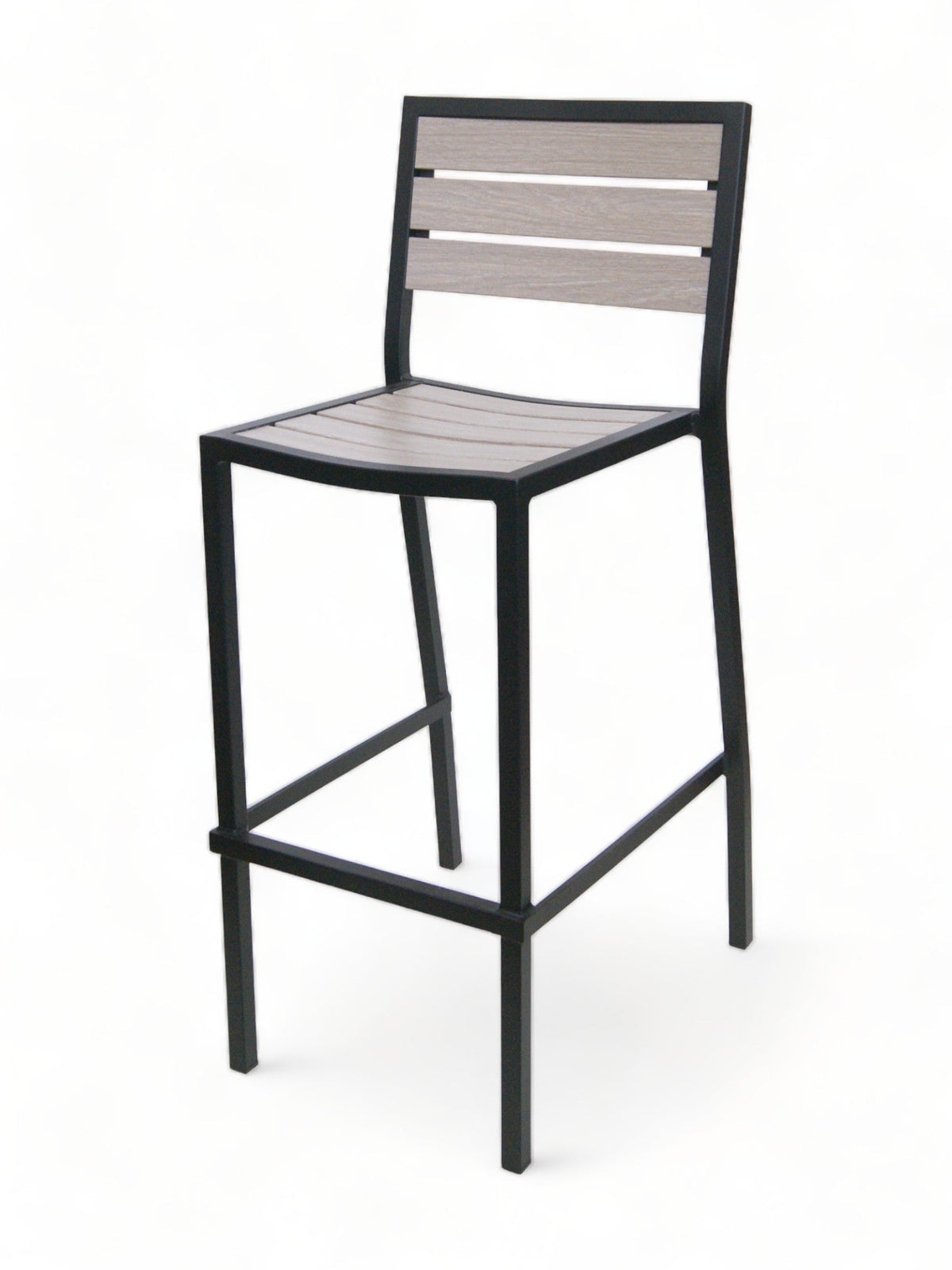 Stackable All-Aluminum Slat Patio Barstool – Black Frame / Gray Brown