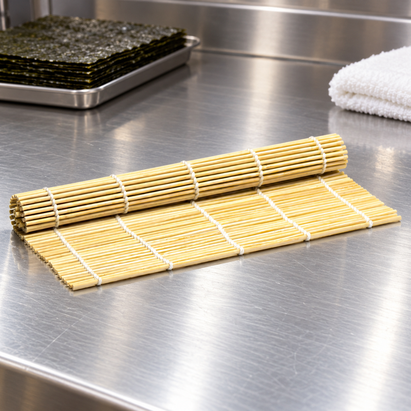 27-0006 pale bamboo sushi rolling mat on a preparation counter