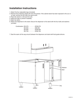 Hoshizaki original SD-200, SD-500 and SD-750 stand mounting instructions with bolt, washer and leg illustration.