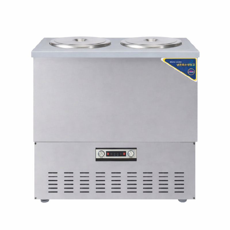 Dual-tank stainless steel naengmyeon broth refrigerator with two closed round lids