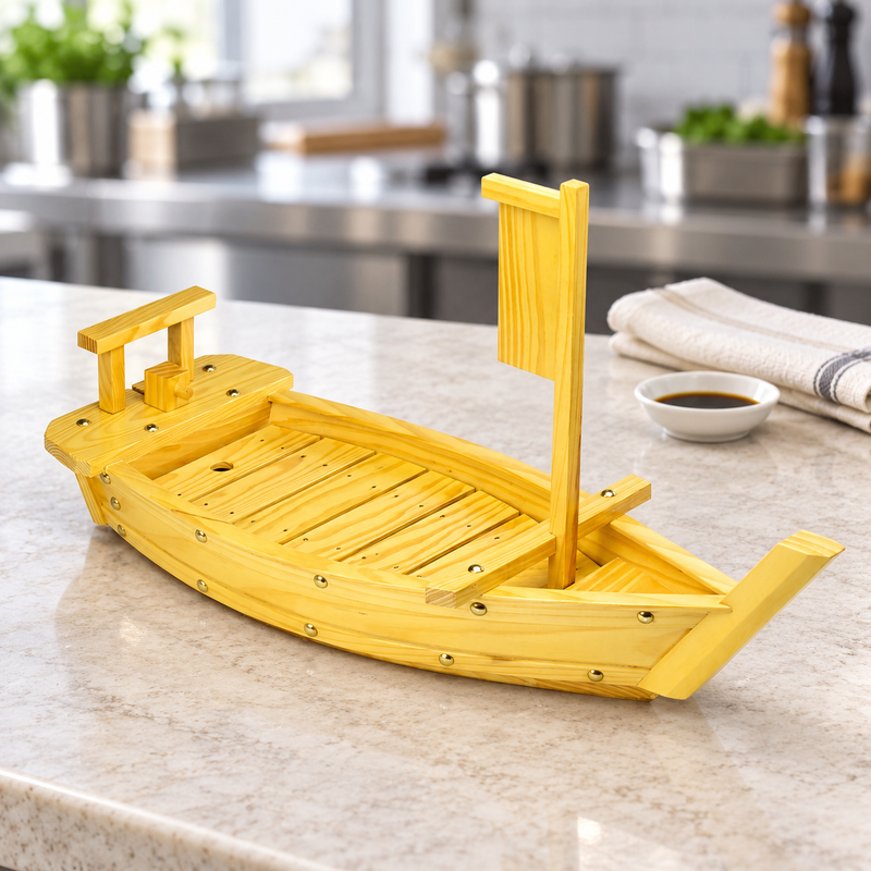 Wooden sushi boat on a preparation counter with separate sauce dishes