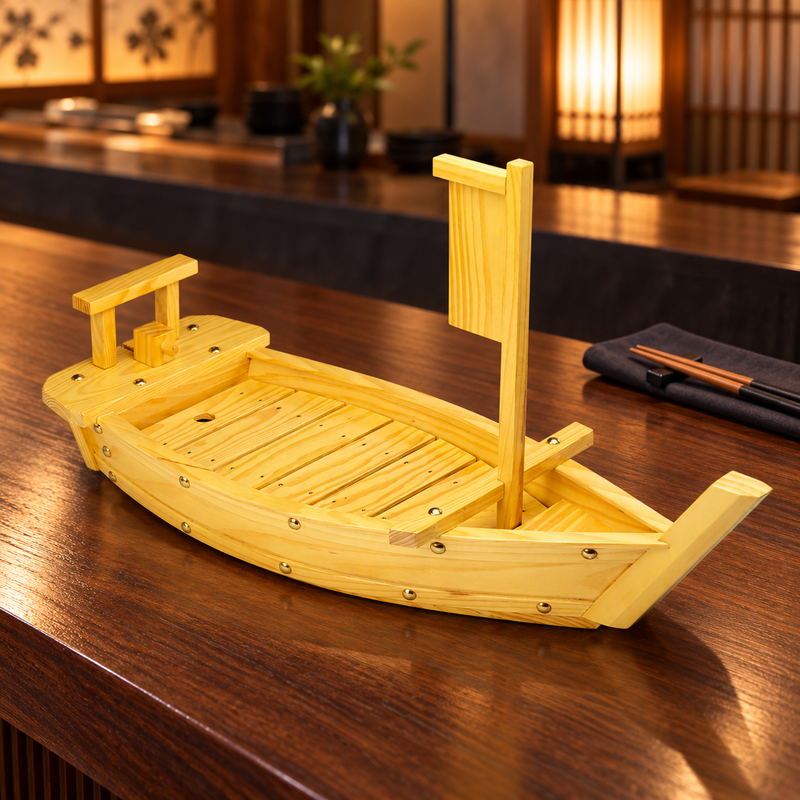 60 cm wooden sushi boat on a warm sushi-bar counter